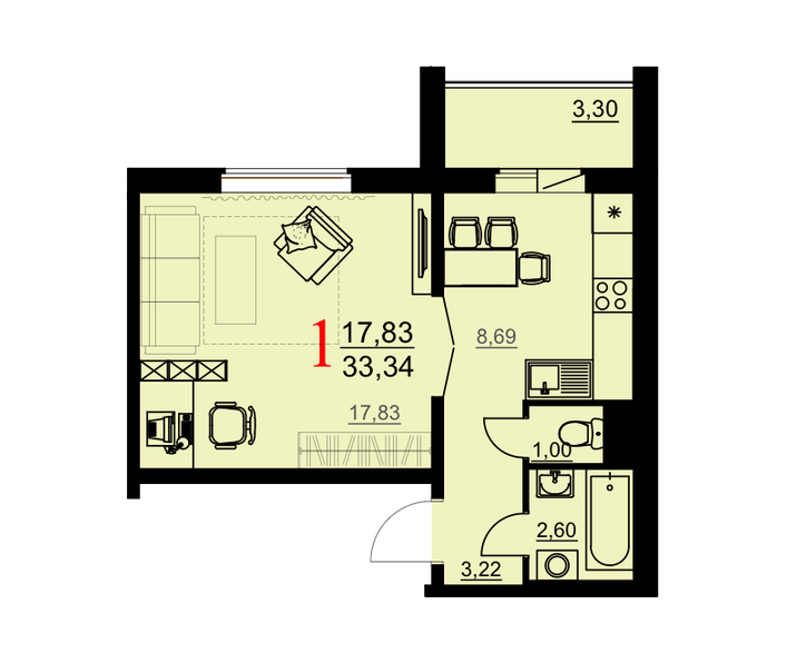 1-комнатная квартира 33,34 м²