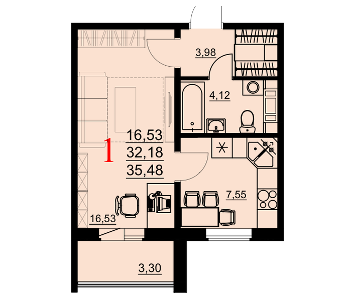 1-комнатная квартира 35,48 м²