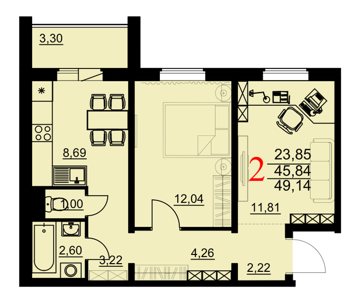 2-комнатная квартира 49,14 м²