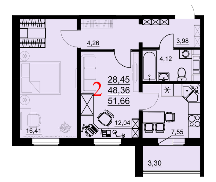 2-комнатная квартира 51,66 м²