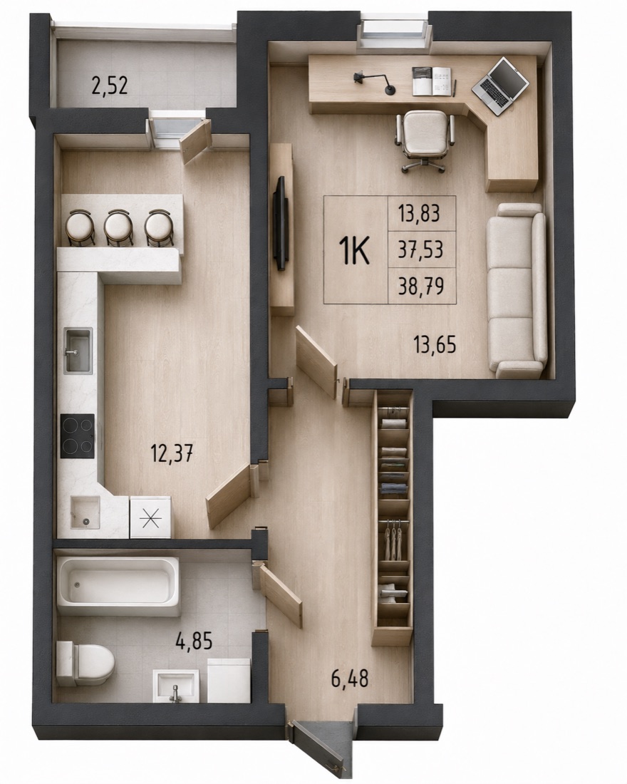 1-комнатная квартира 38,79 м²