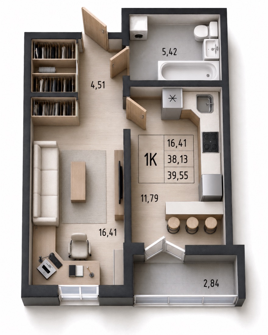 1-комнатная квартира 39,55 м²