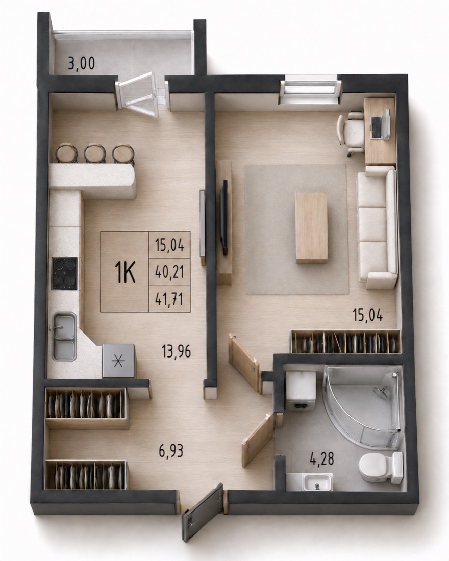 1-комнатная квартира 41,71 м²