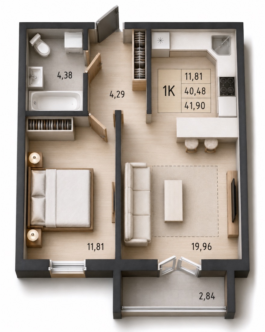 1-комнатная квартира 41,90 м²
