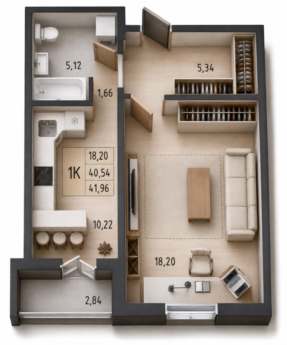 1-комнатная квартира 41,96 м²