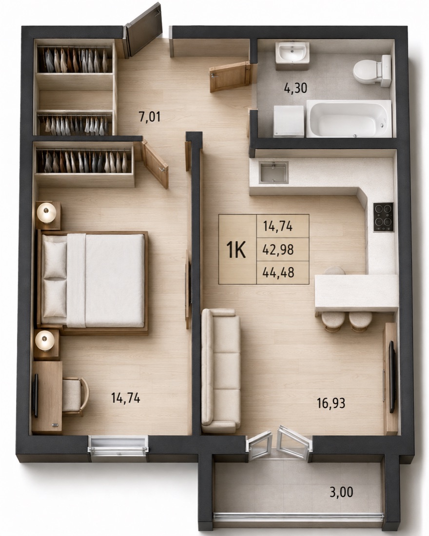 1-комнатная квартира 44,48 м²