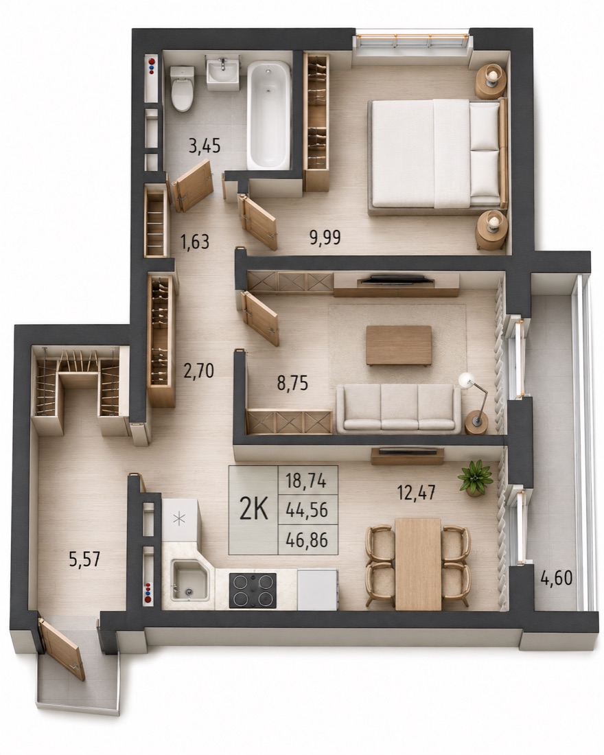 2-комнатная квартира 46,86 м²