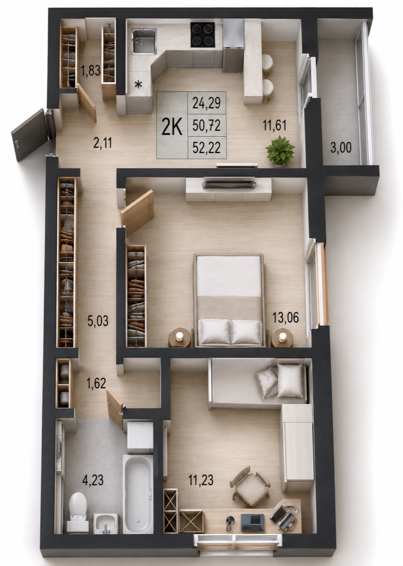 2-комнатная квартира 52,22 м²