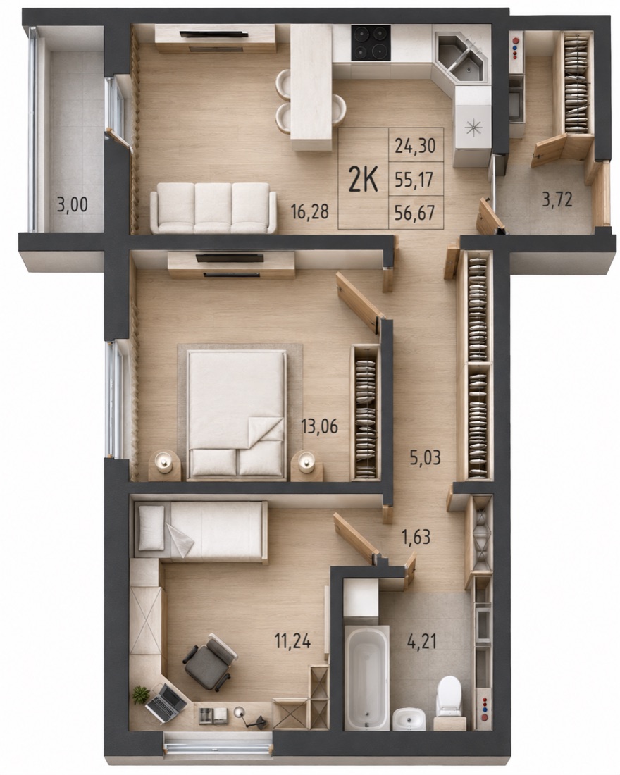 2-комнатная квартира 56,67 м²