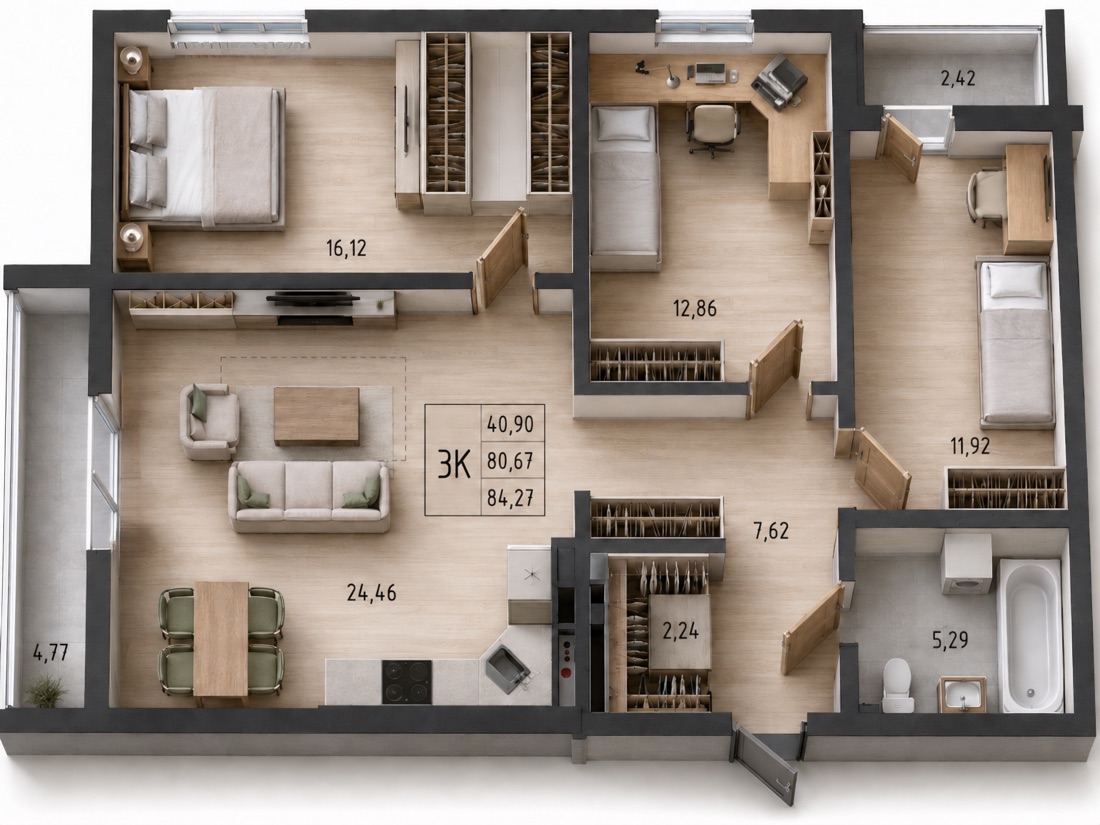 3-комнатная квартира 84,27 м²