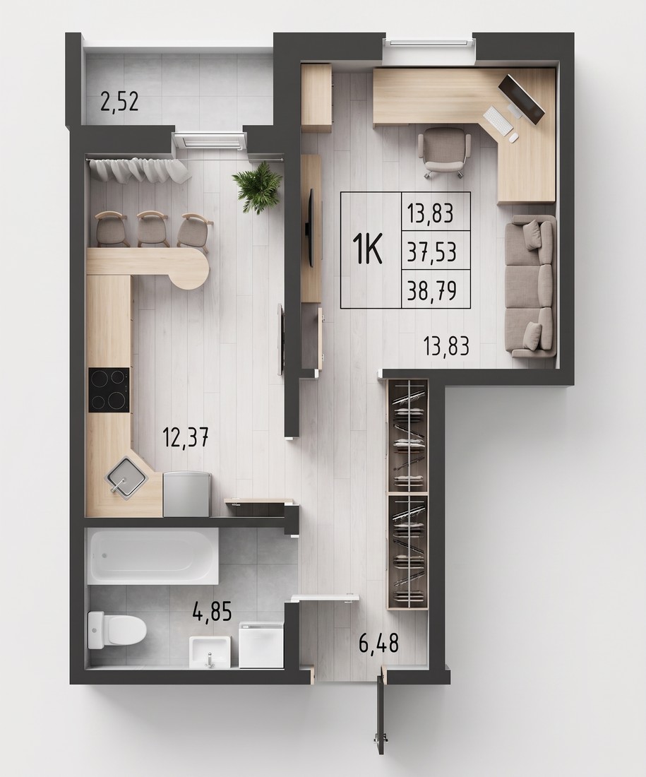 Планировка: 1-комнатная квартира 38,79 м²