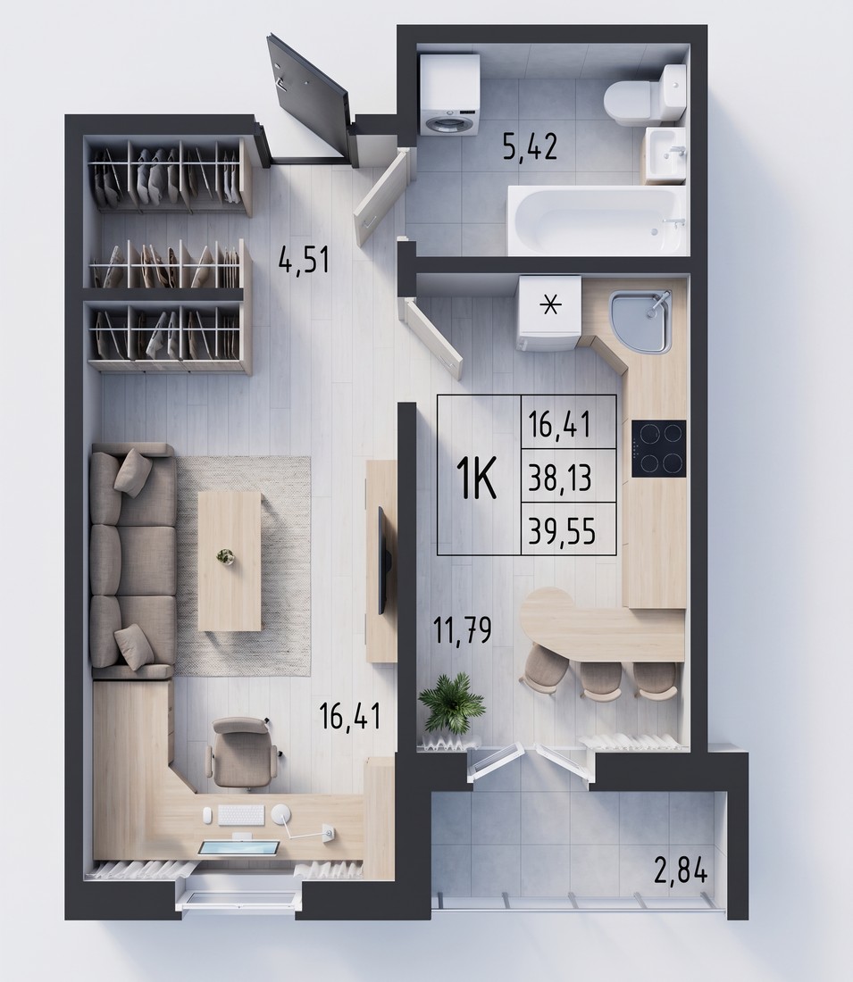 Планировка: 1-комнатная квартира 39,55 м²