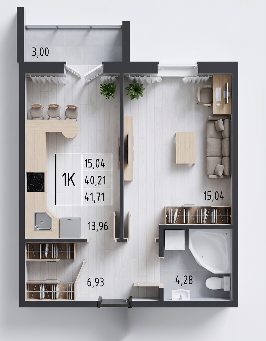 Планировка: 1-комнатная квартира 41,71 м²