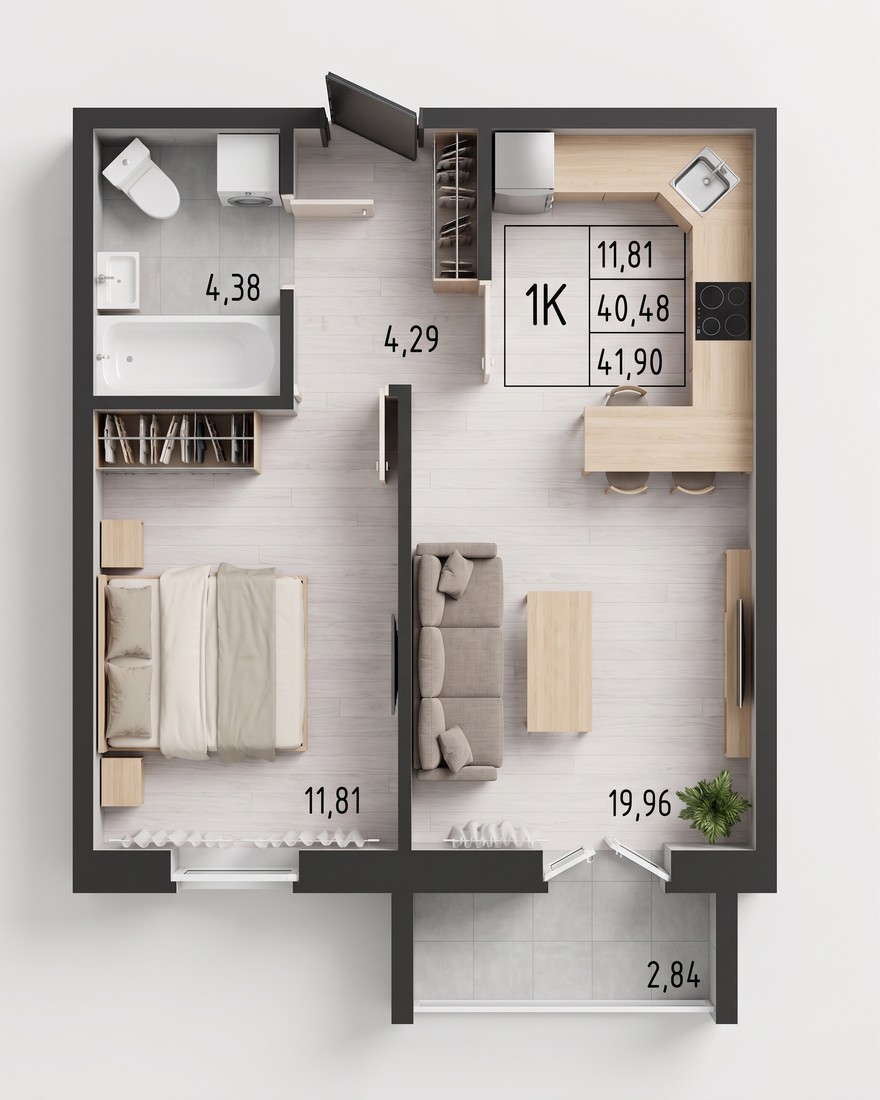 Планировка: 1-комнатная квартира 41,90 м²