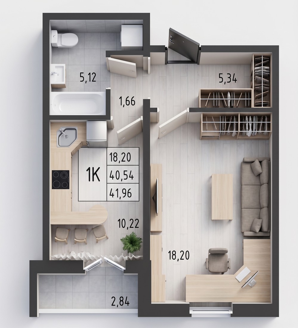 Планировка: 1-комнатная квартира 41,96 м²