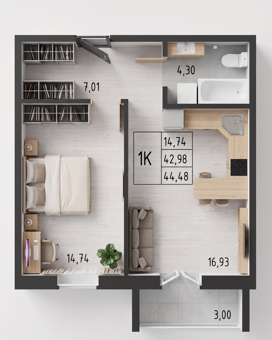 Планировка: 1-комнатная квартира 44,48 м²