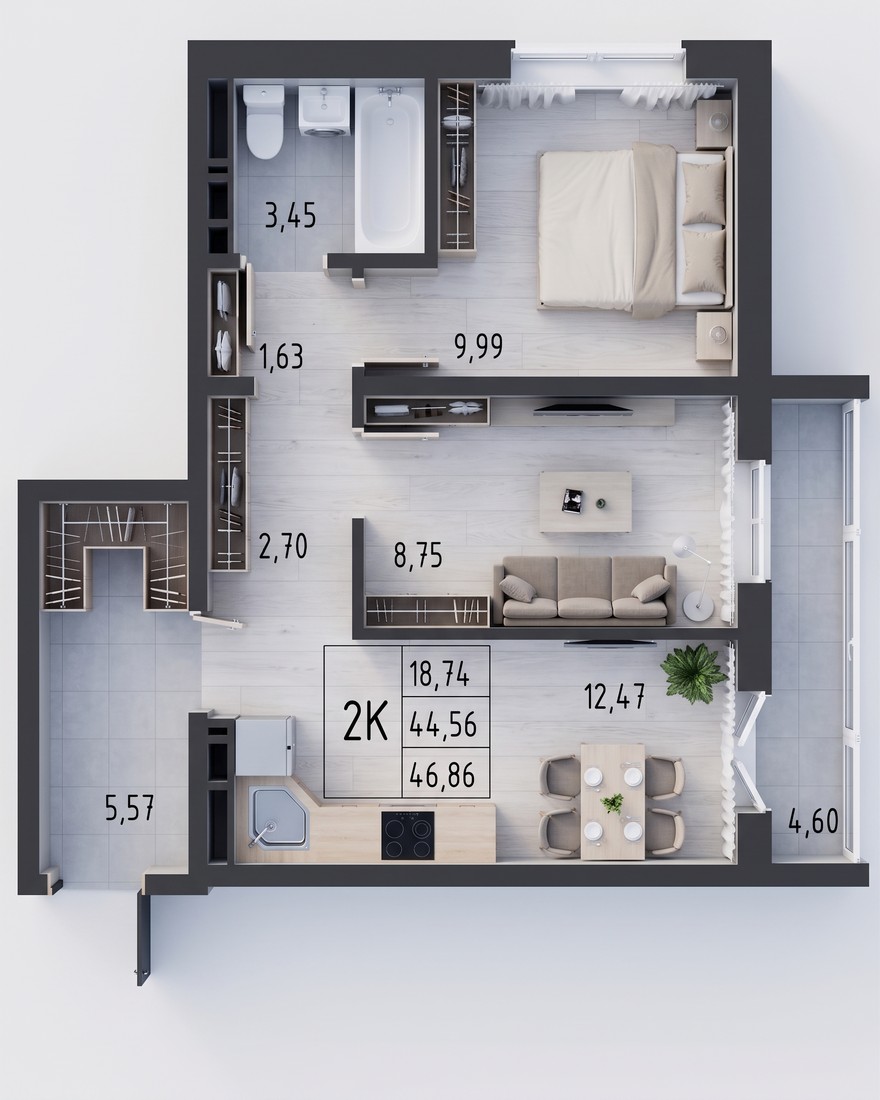 Планировка: 2-комнатная квартира 46,86 м²