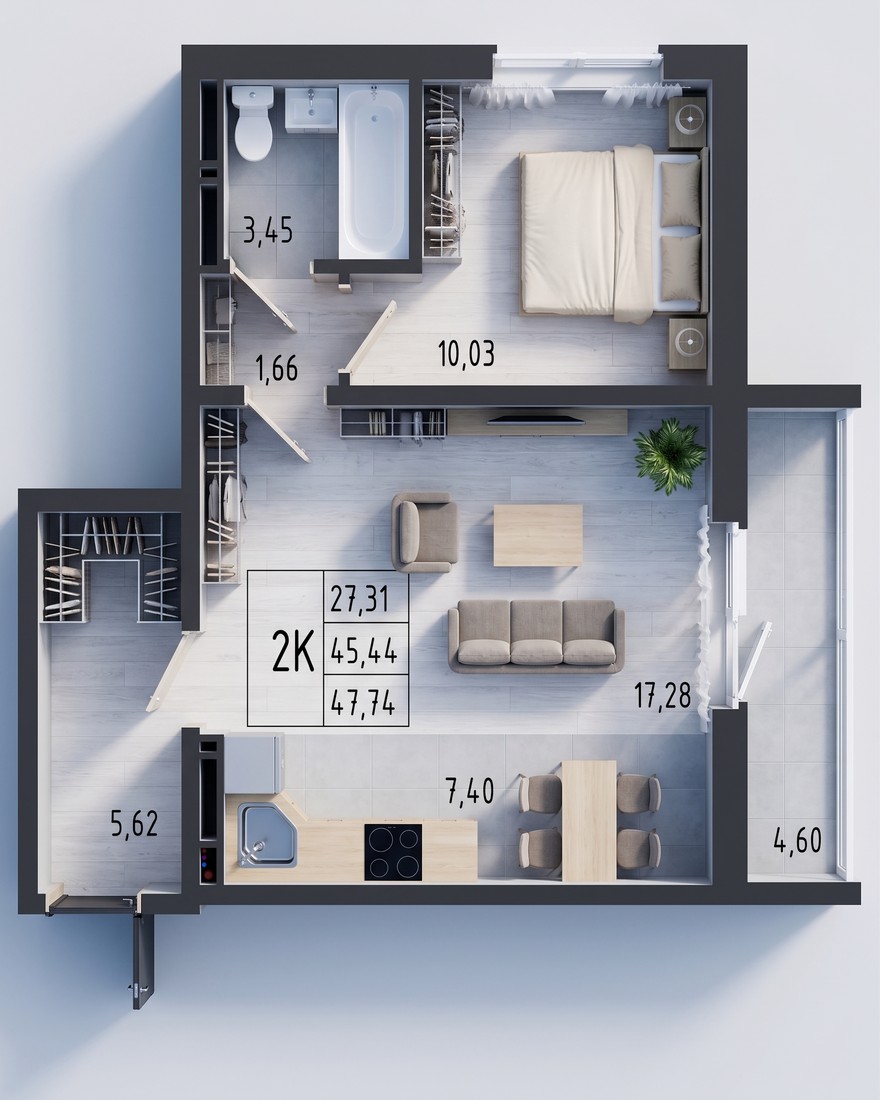Планировка: 2-комнатная квартира 47,74 м²