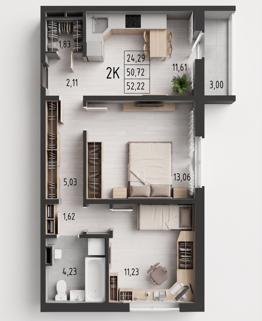 Планировка: 2-комнатная квартира 52,22 м²