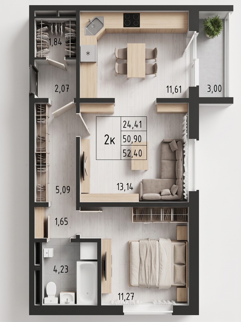 Планировка: 2-комнатная квартира 52,40 м²
