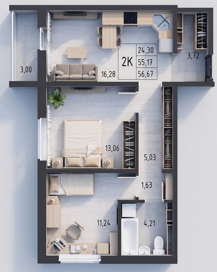 Планировка: 2-комнатная квартира 56,67 м²