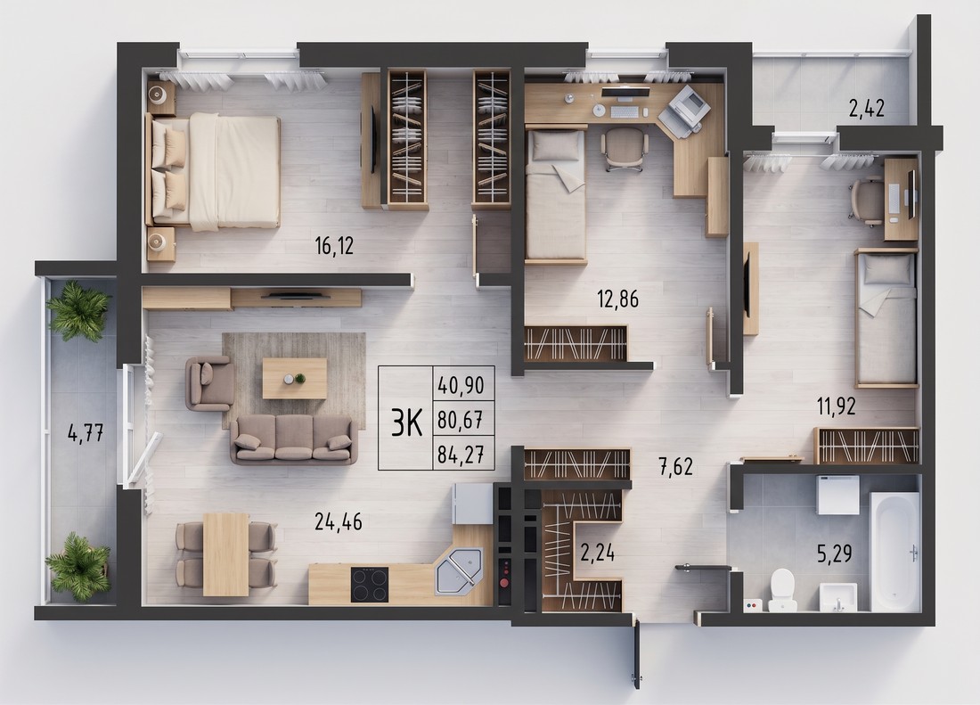 Планировка: 3-комнатная квартира 84,27 м²